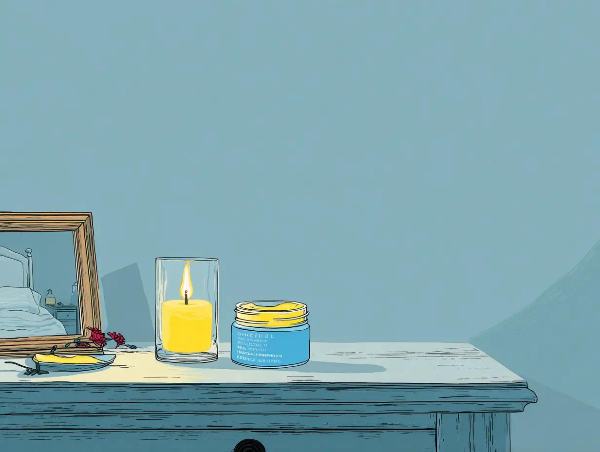 화장대 위 레티놀 화장품과 촛불이 있는 장면