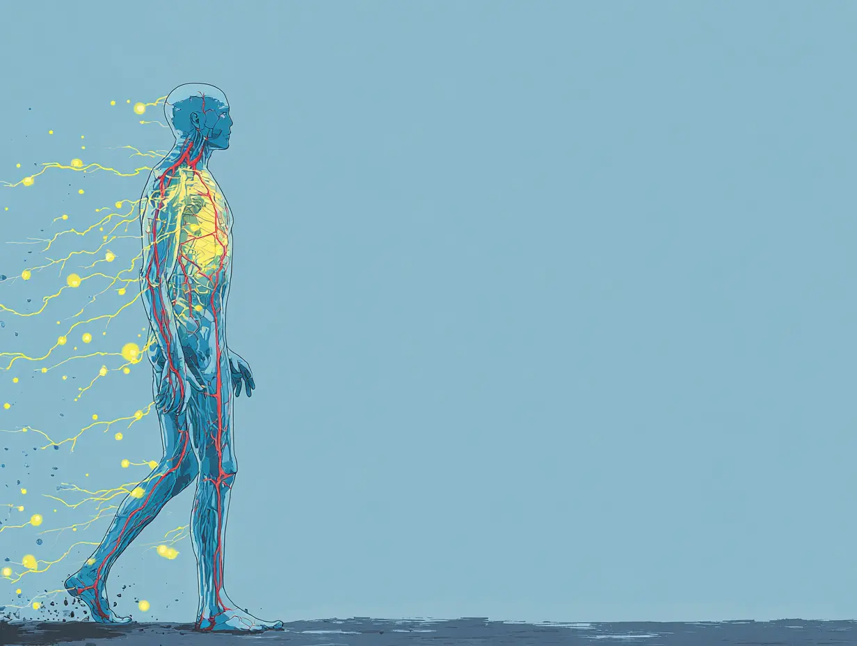 인체 실루엣 속 푸른빛과 초록빛이 흐르는 추상 이미지