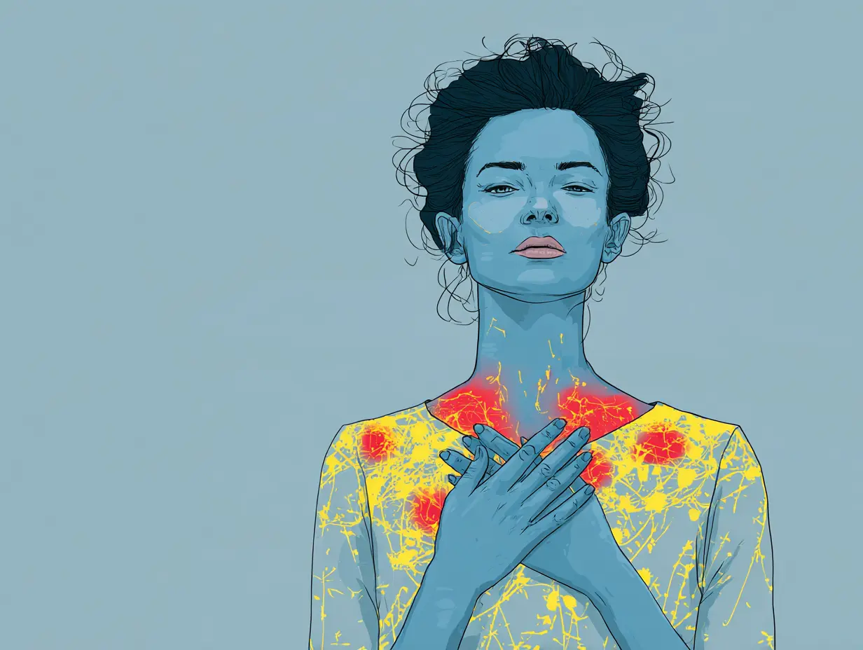 여성 실루엣에 관절과 피부 부분이 붉게 빛나는 추상 이미지