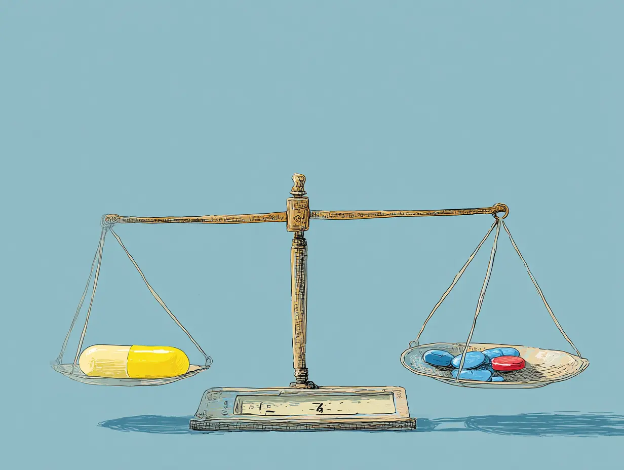 알약이 저울에 올려져 균형을 이루는 그림