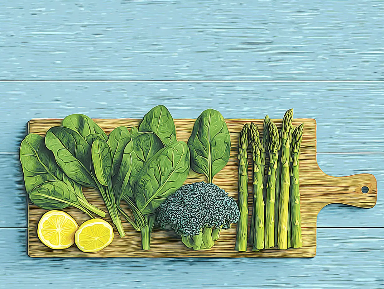 시금치, 브로콜리, 아스파라거스가 담긴 식탁