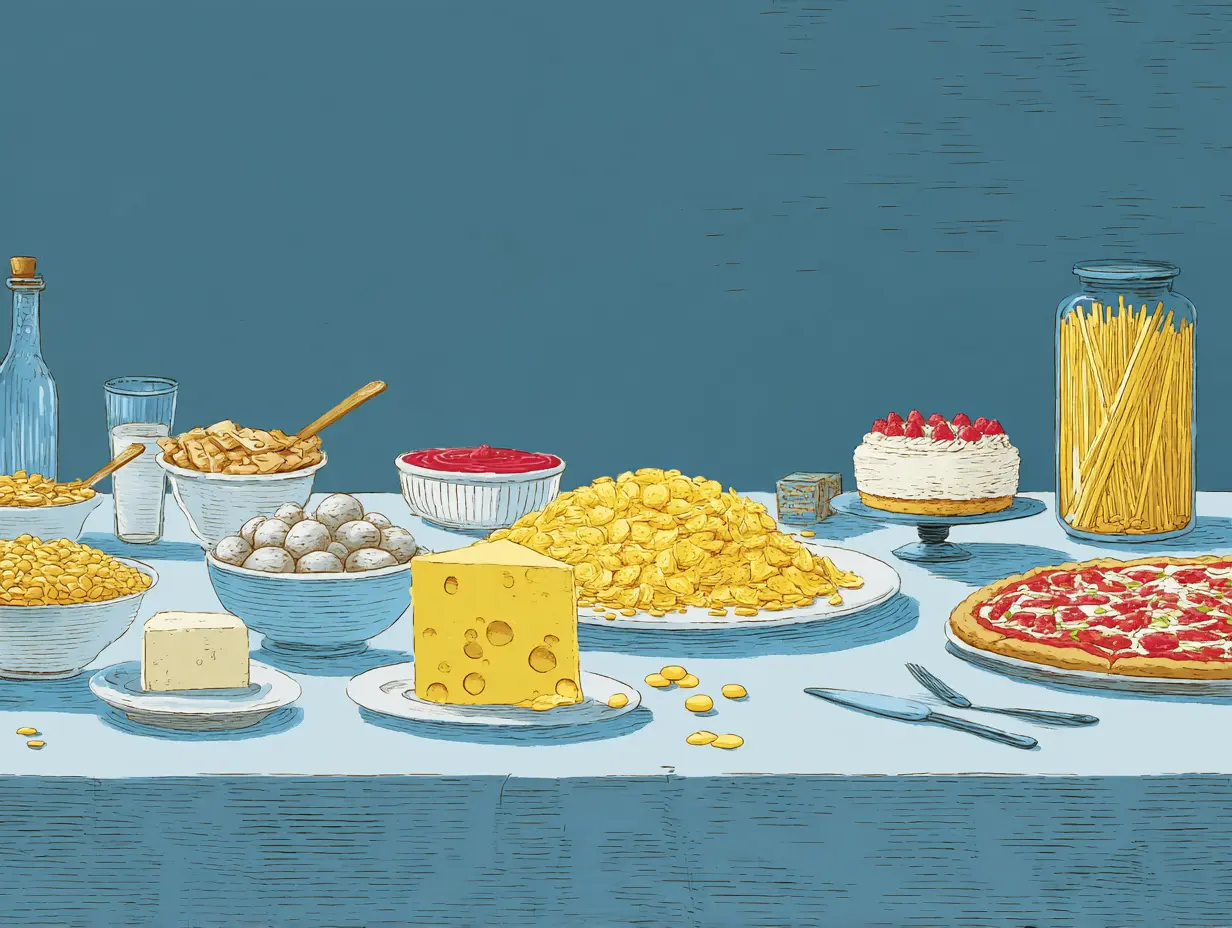 인스턴트 음식과 과자가 흩어진 식탁