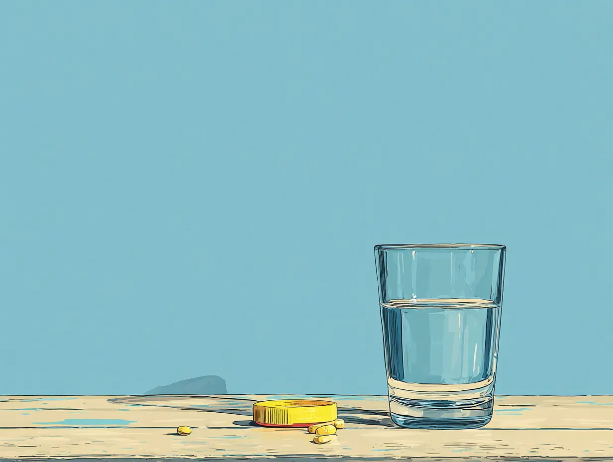 물컵 옆 작은 알약 케이스가 놓인 장면