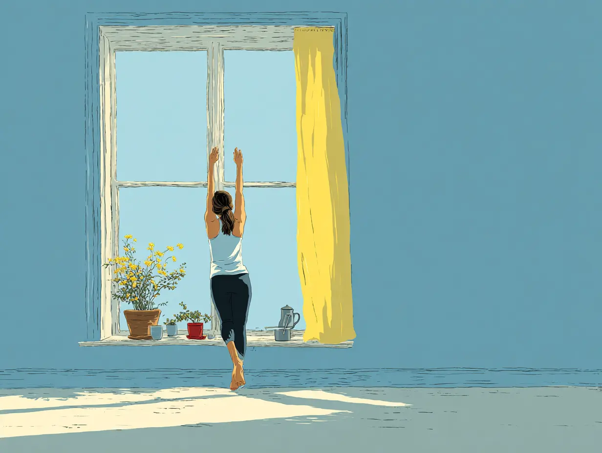 아침 햇살 속 창가에서 스트레칭하는 여성