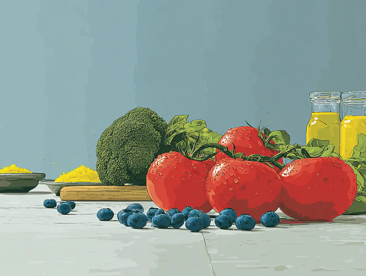 토마토, 블루베리, 브로콜리가 놓인 식탁