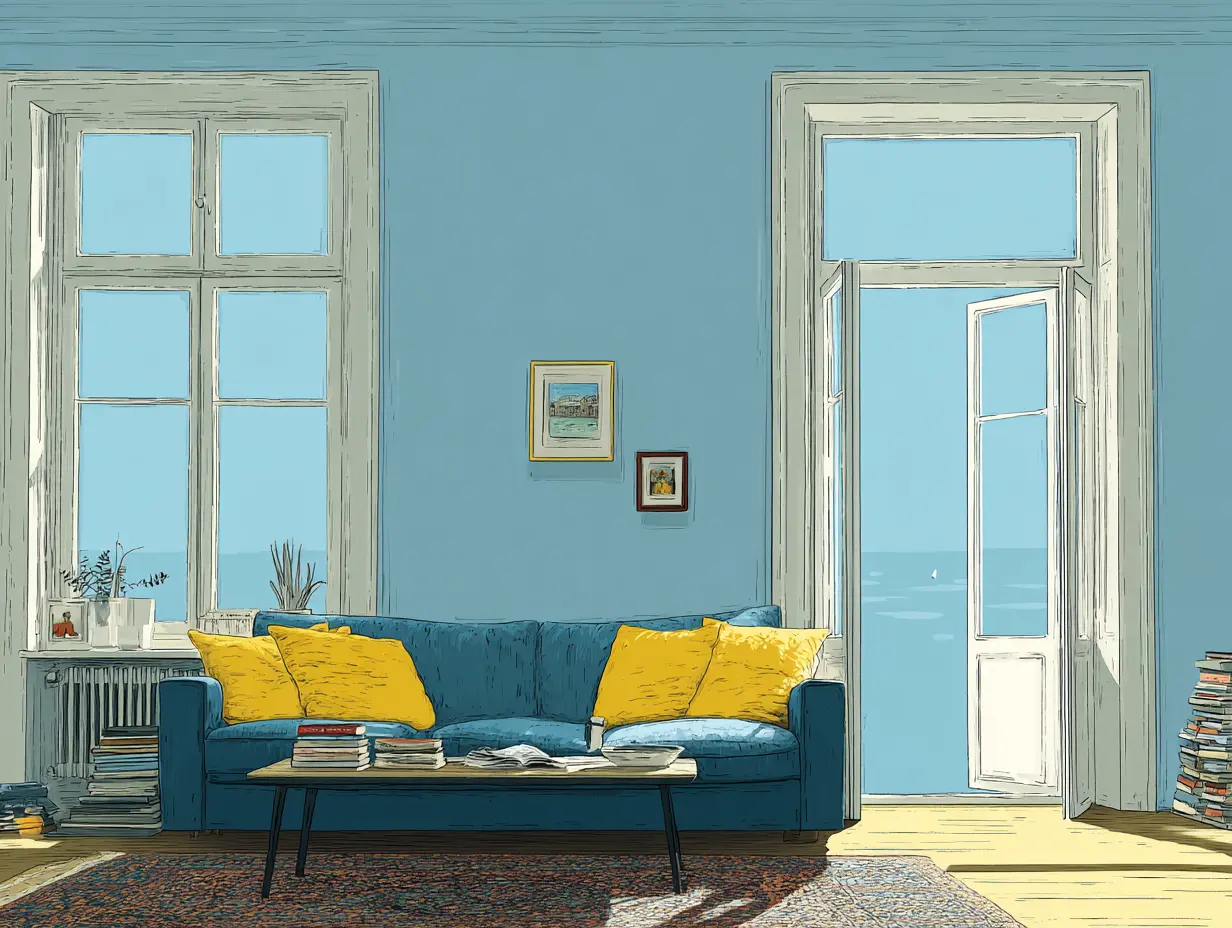 창문을 활짝 열어 환기하는 밝은 거실