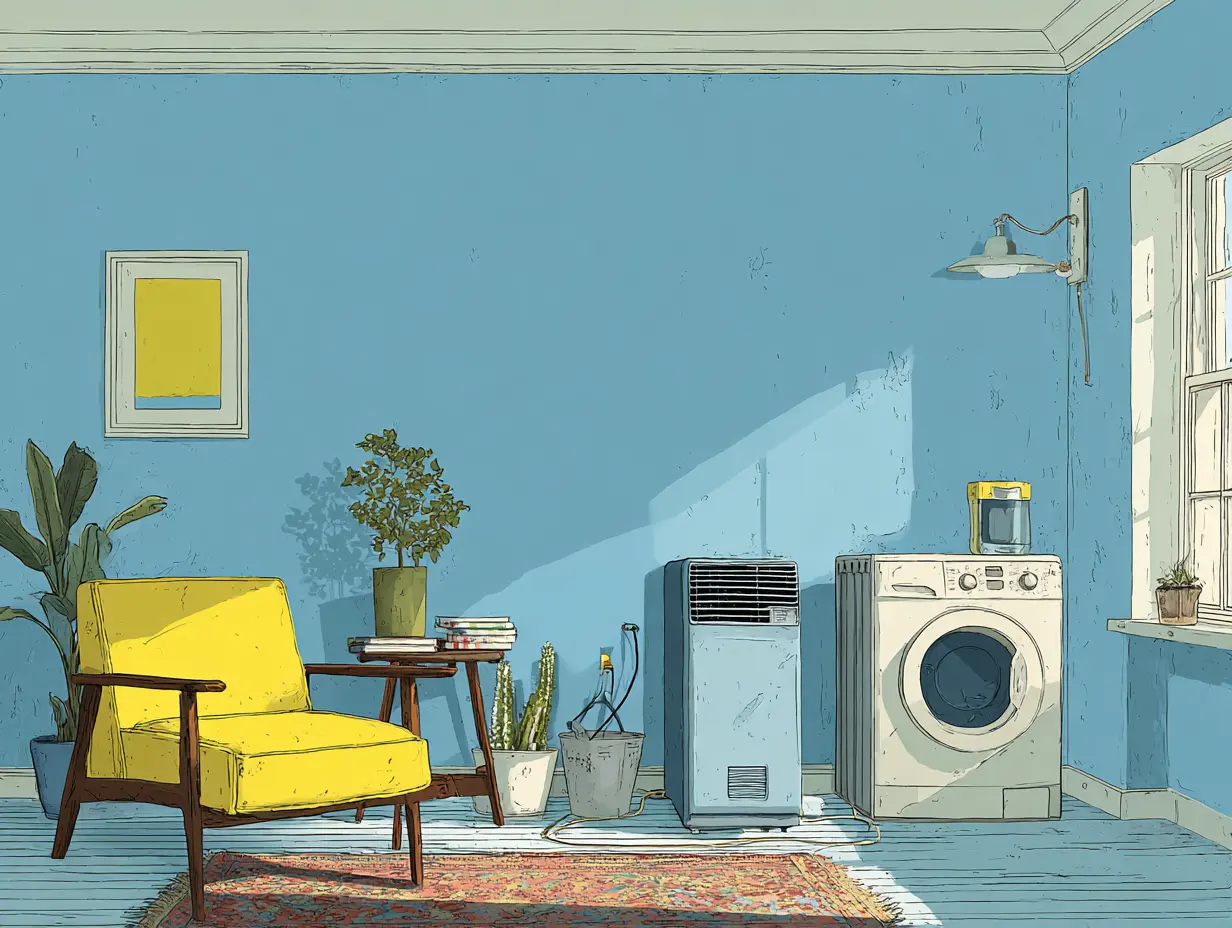 제습기와 햇볕에 말리는 세탁물