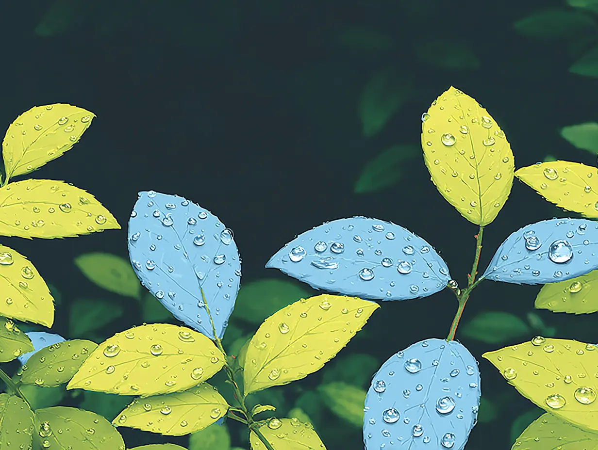 초록 잎 위에 맺힌 맑은 물방울을 클로즈업한 사진