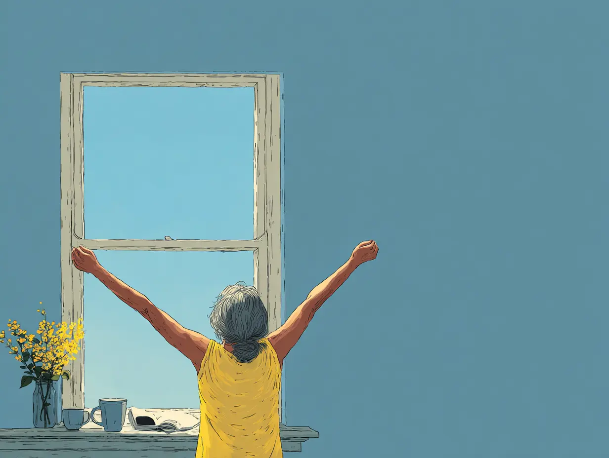 창가에서 아침 햇살을 받으며 기지개 켜는 여성