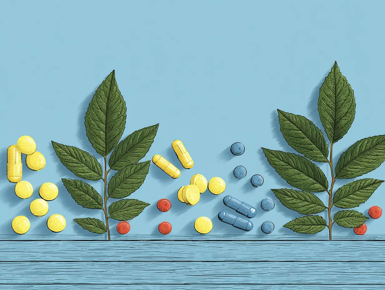 이소플라본, 달맞이꽃 오일, 마그네슘 영양제가 놓인 테이블