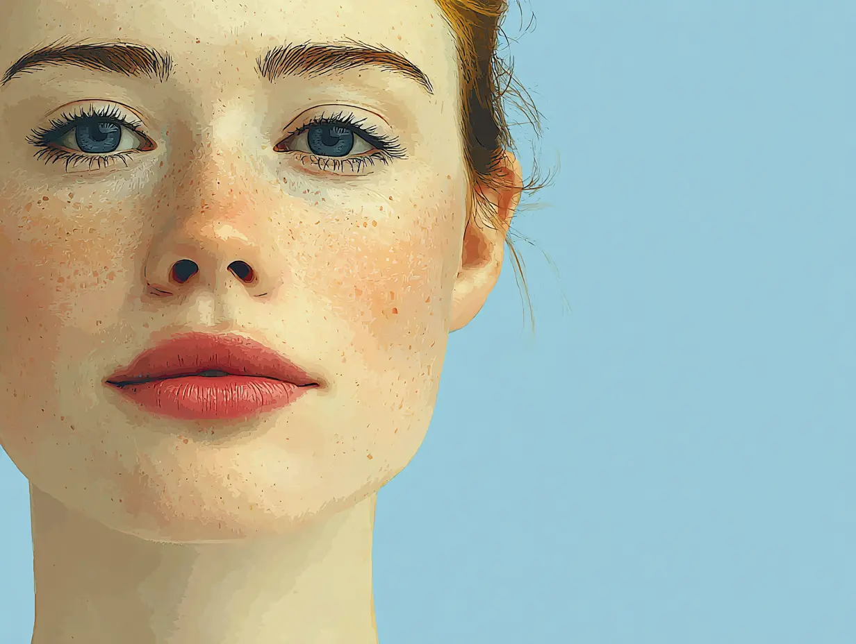햇살 아래 맑고 투명한 피부 톤을 가진 여성의 클로즈업 이미지