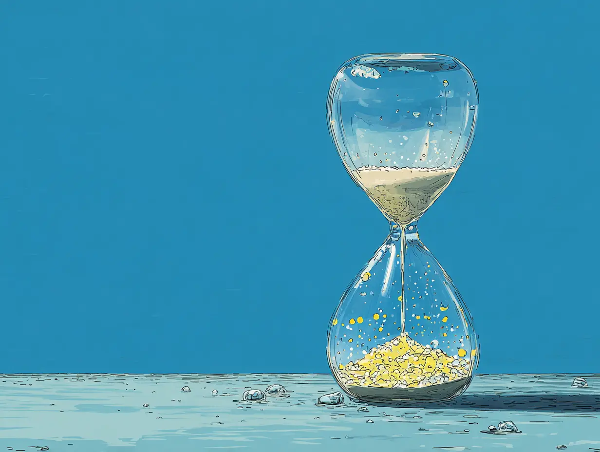빛나는 입자가 담긴 모래시계가 천천히 흐르며 노화 속도를 늦추는 과정을 상징