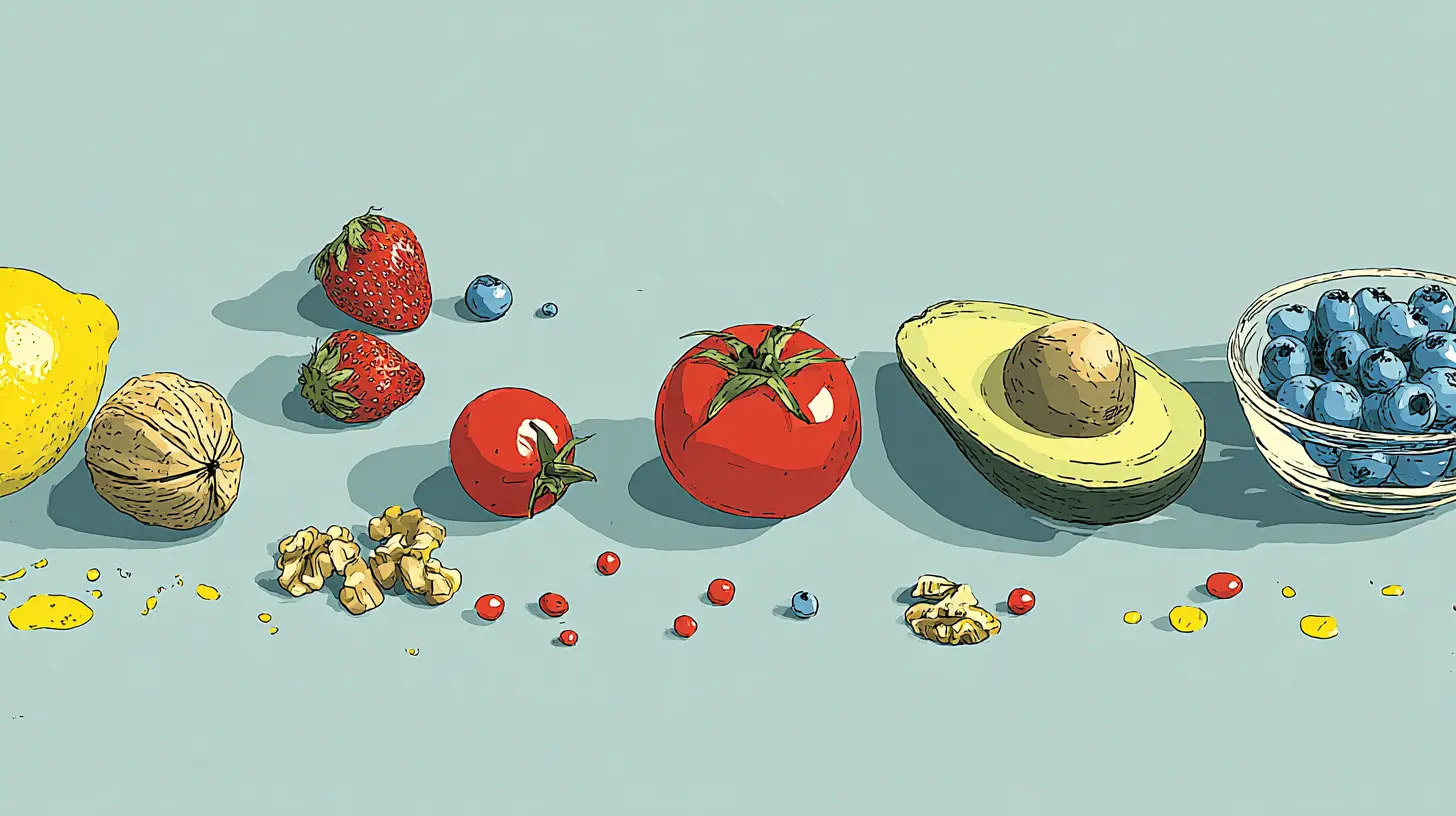 베리류와 채소 등 항산화 식품을 보여주는 미니멀한 테이블 이미지