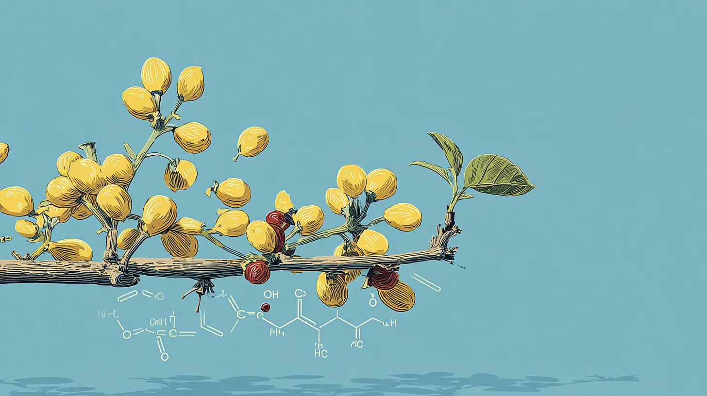 레스베라트롤의 화학 구조와 천연 유래를 표현한 과학 일러스트