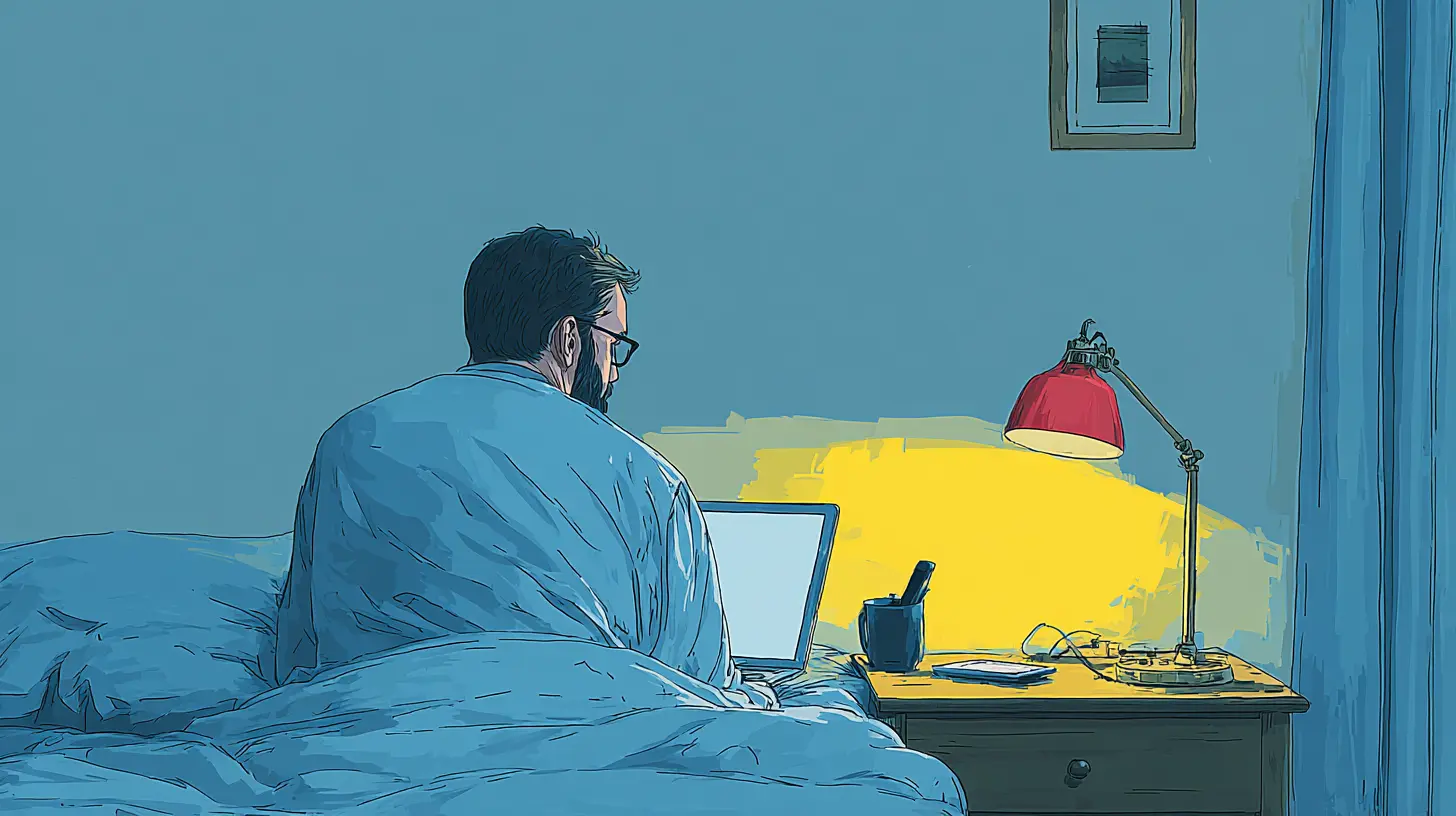 블루라이트를 차단하며 수면을 준비하는 사람의 장면