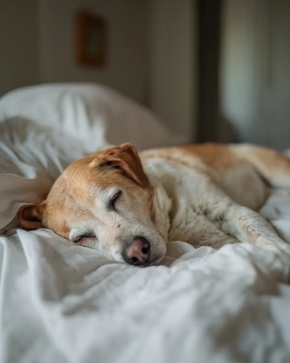 침대에 편안하게 누워있는 차분한 강아지