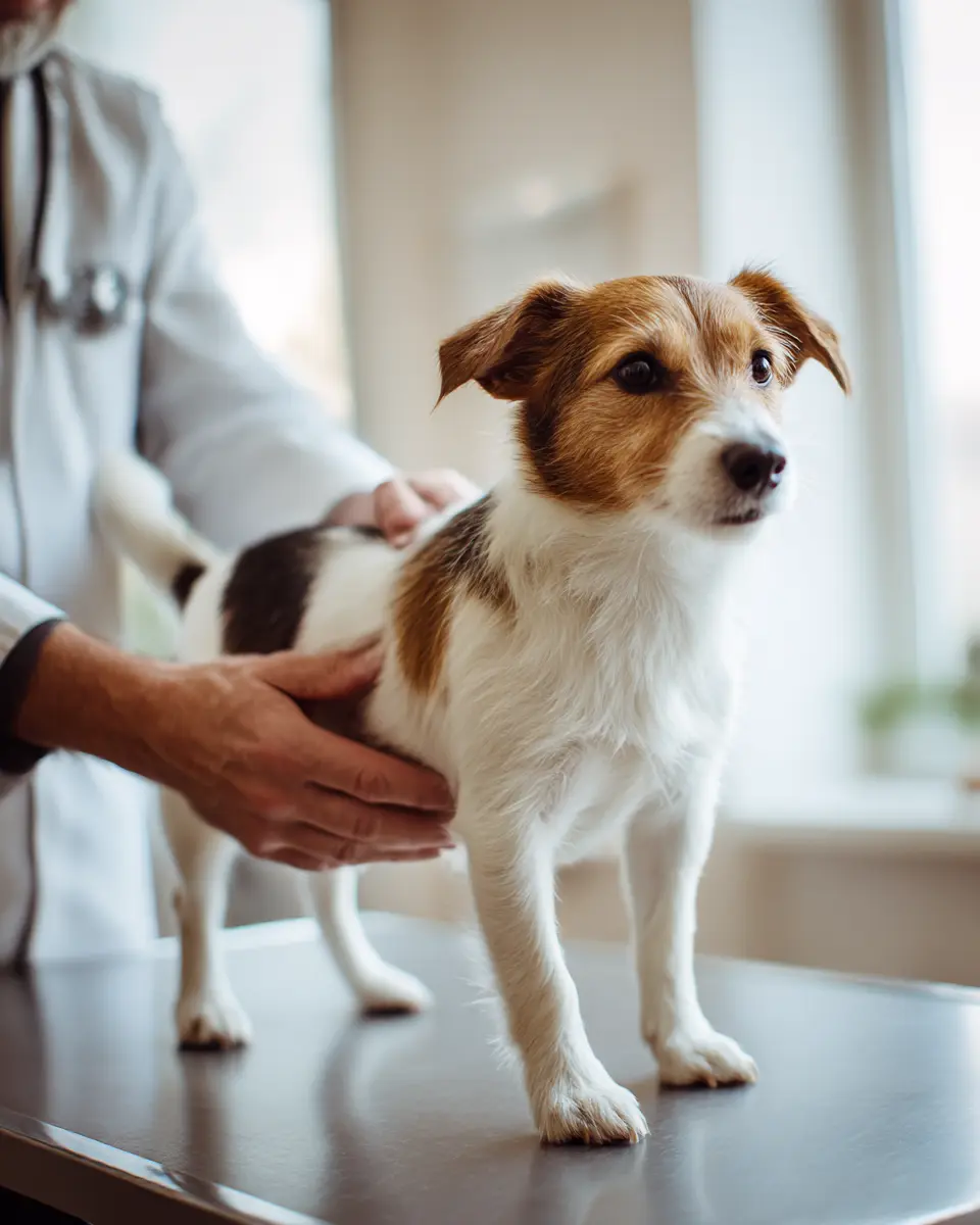진찰대 위에 차분히 서있는 강아지