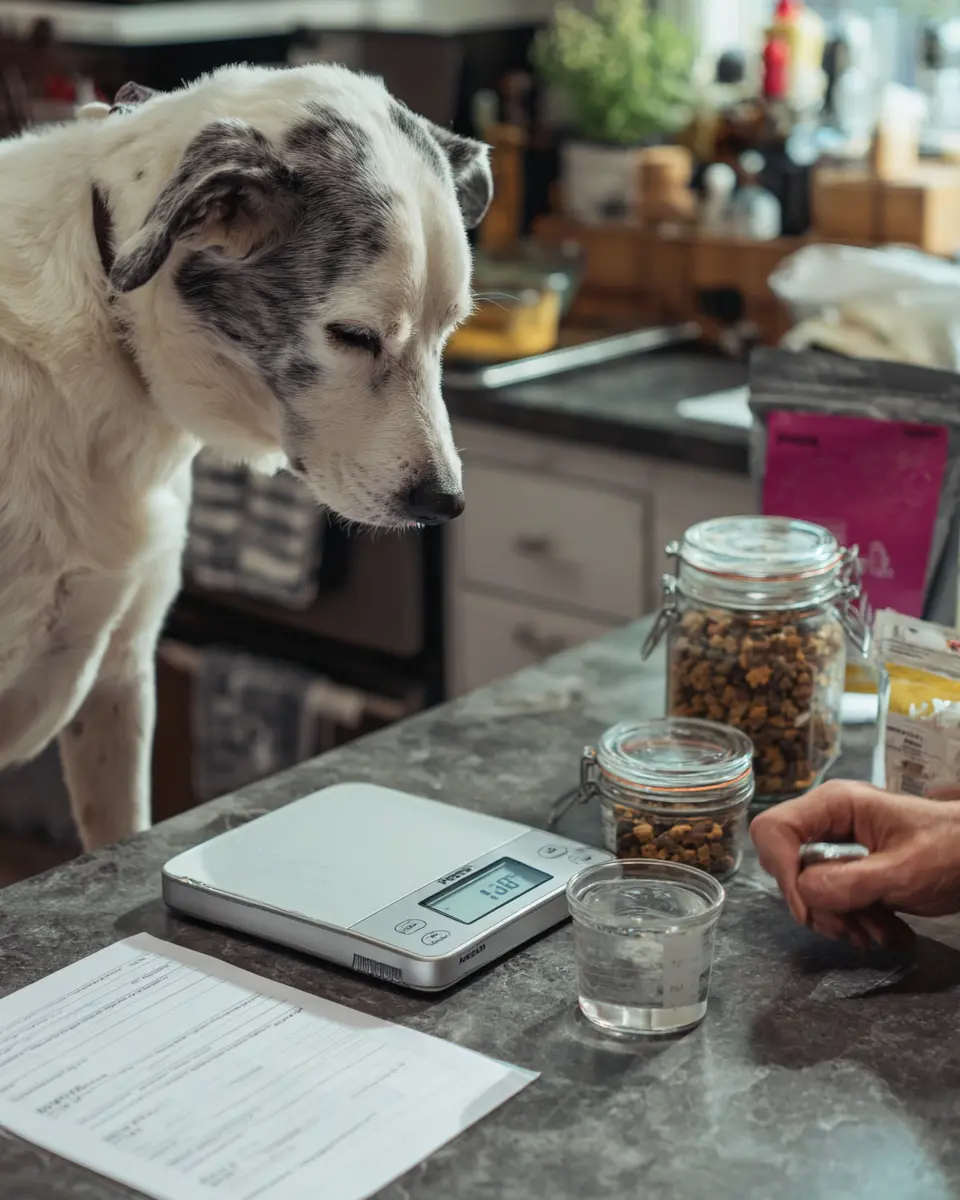 주방 저울로 강아지 사료를 그램 단위로 정확하게 계량하여 적정 급여량을 관리하는 사진