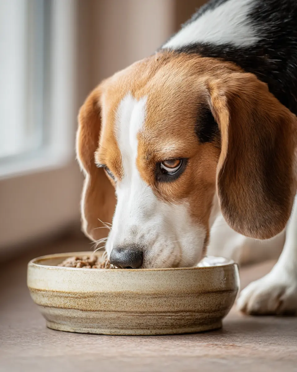 신선한 화식을 집중해서 먹고 있는 건강한 비글의 식사 시간, 높은 소화율과 영양소 흡수를 보여주는 장면