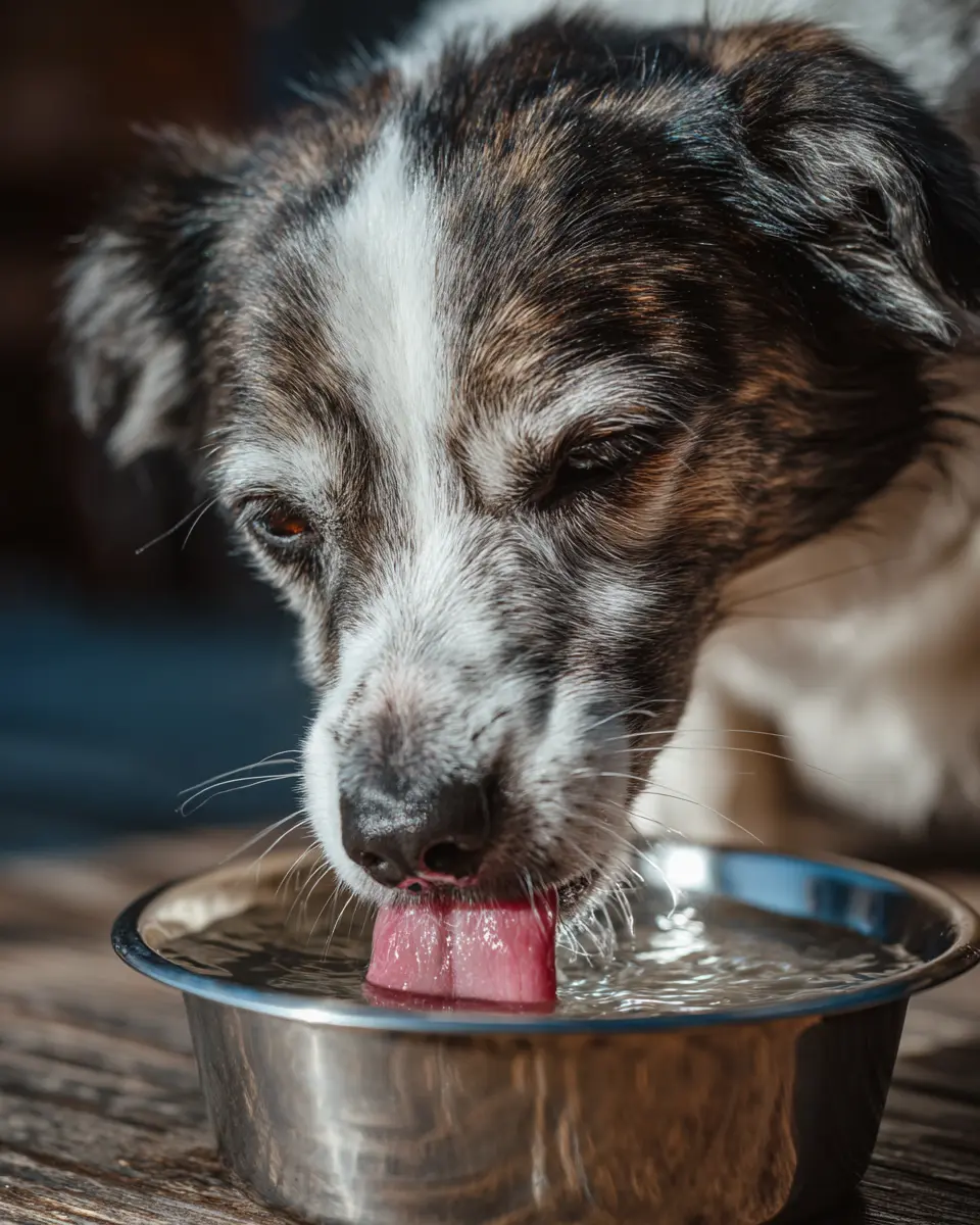 스테인리스 물그릇에서 신선한 물을 마시고 있는 강아지의 클로즈업, 신장 건강을 위한 충분한 수분 섭취 모습