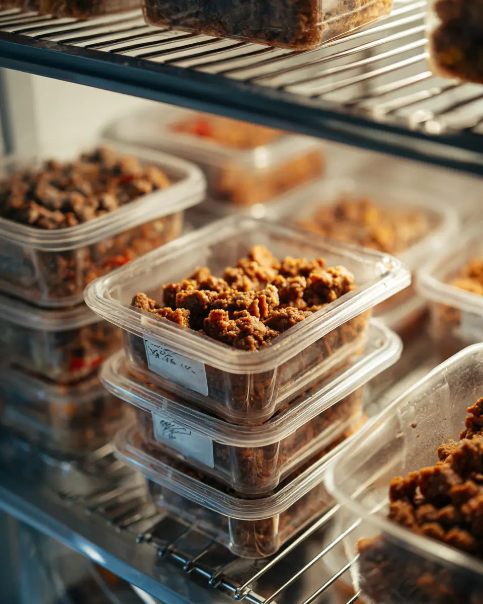 투명 용기에 담겨 냉장고에 깔끔하게 정리 보관된 신선한 강아지 화식, 적절한 보관 방법을 보여주는 모습