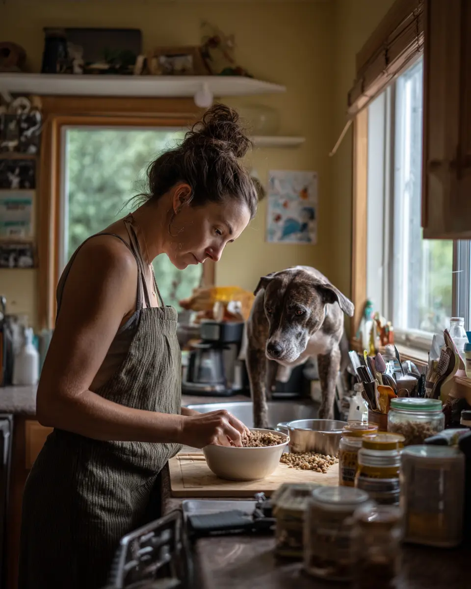 강아지의 건강을 위해 신선한 화식을 정성스럽게 준비하는 보호자와 기대하며 기다리는 강아지의 따뜻한 순간