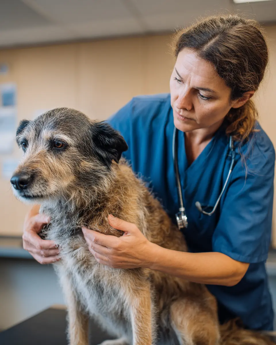 동물병원에서 수의사가 강아지의 체중과 신체 상태를 전문적으로 검사하며 건강을 확인하는 모습