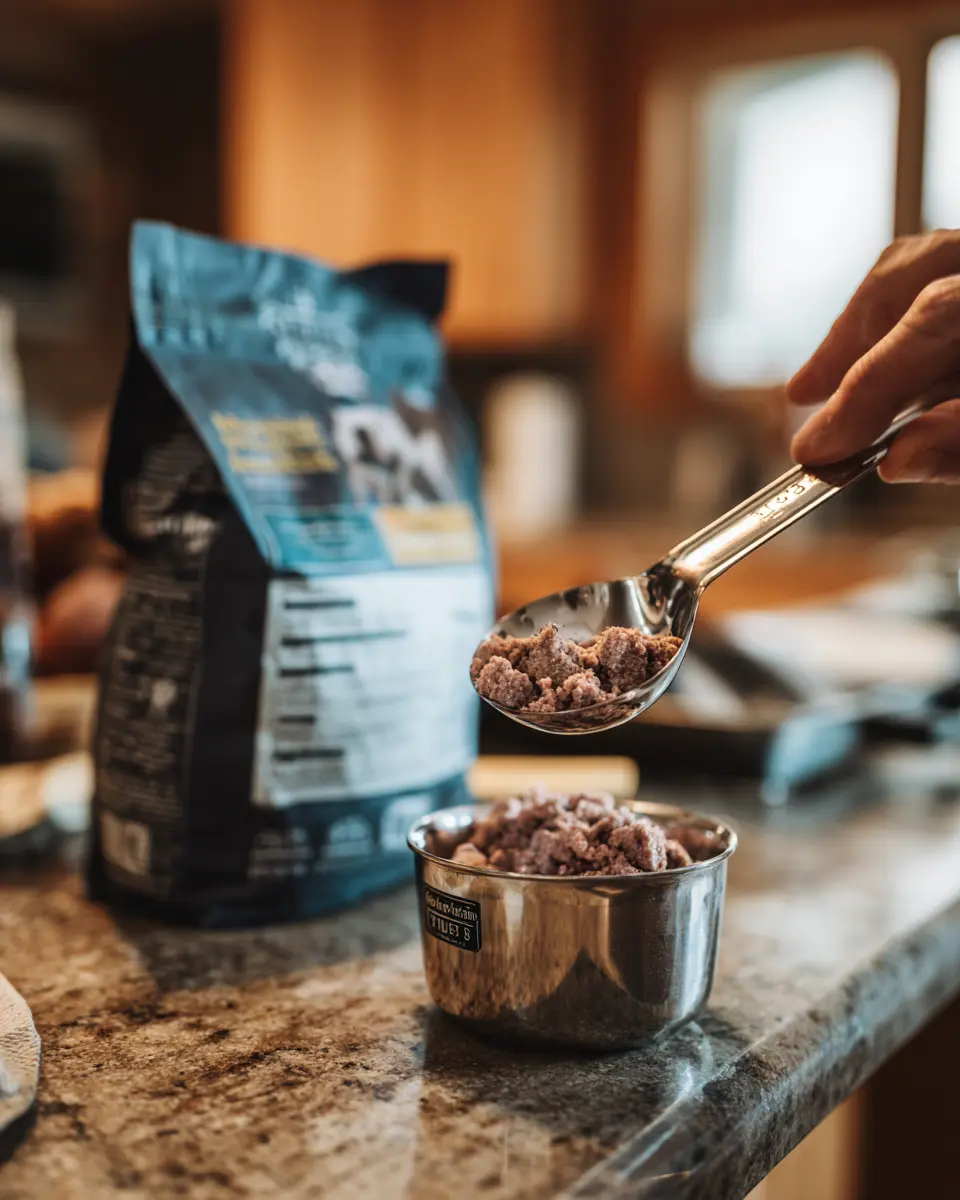 반려견의 적절한 영양 섭취를 위해 계량컵으로 사료를 정확하게 측정하며 급여량을 관리하는 모습