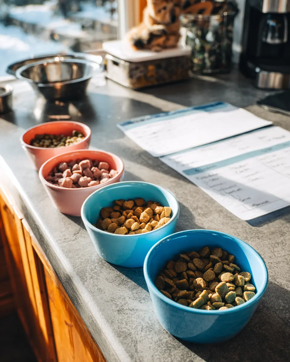 저체중 반려견의 소화 부담을 줄이고 칼로리 섭취를 늘리기 위해 하루 3-4회 소량씩 나누어 준비한 식사 계획