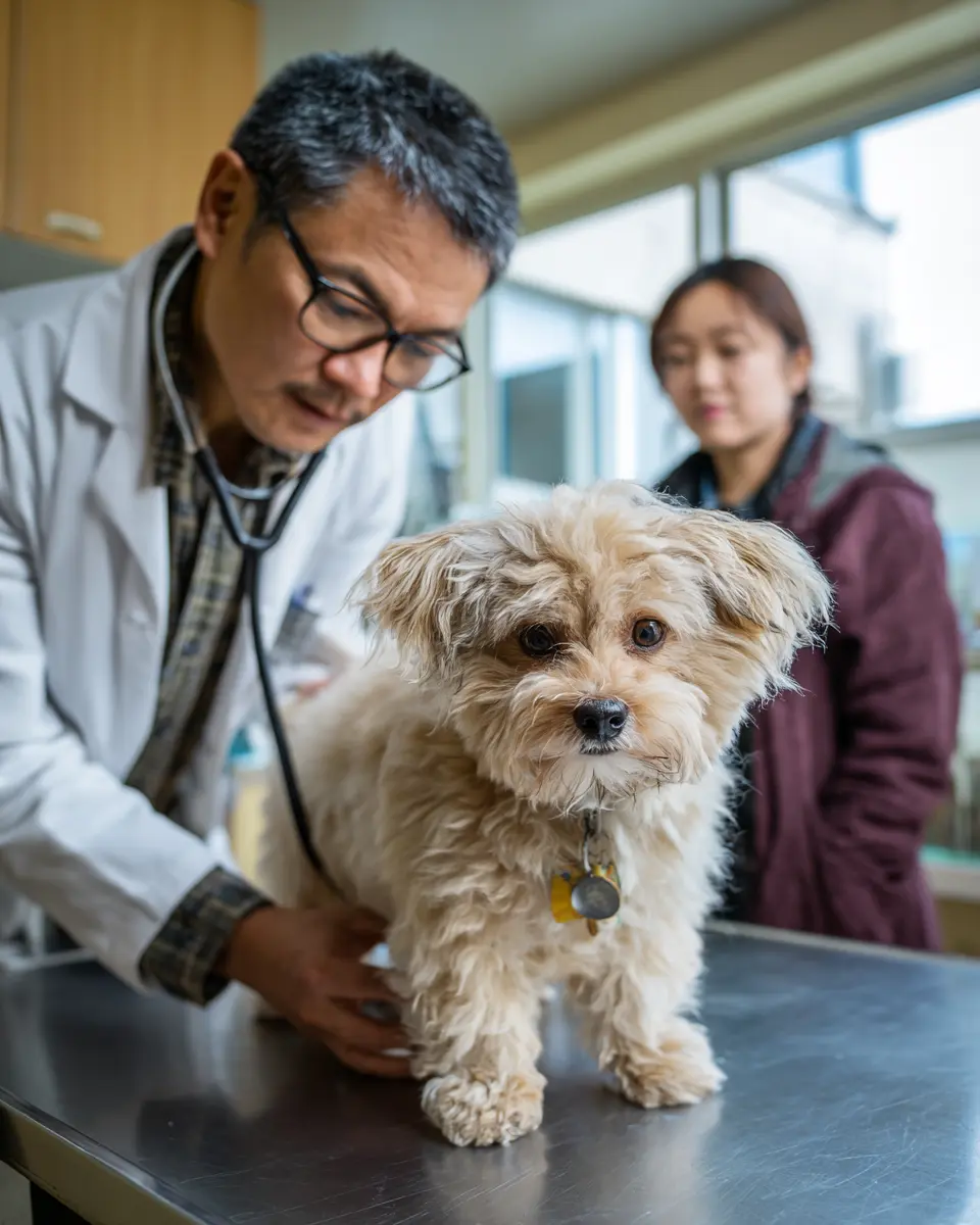 동물병원에서 수의사에게 건강 검진을 받는 강아지와 걱정스럽게 지켜보는 보호자의 모습을 담은 진료 장면