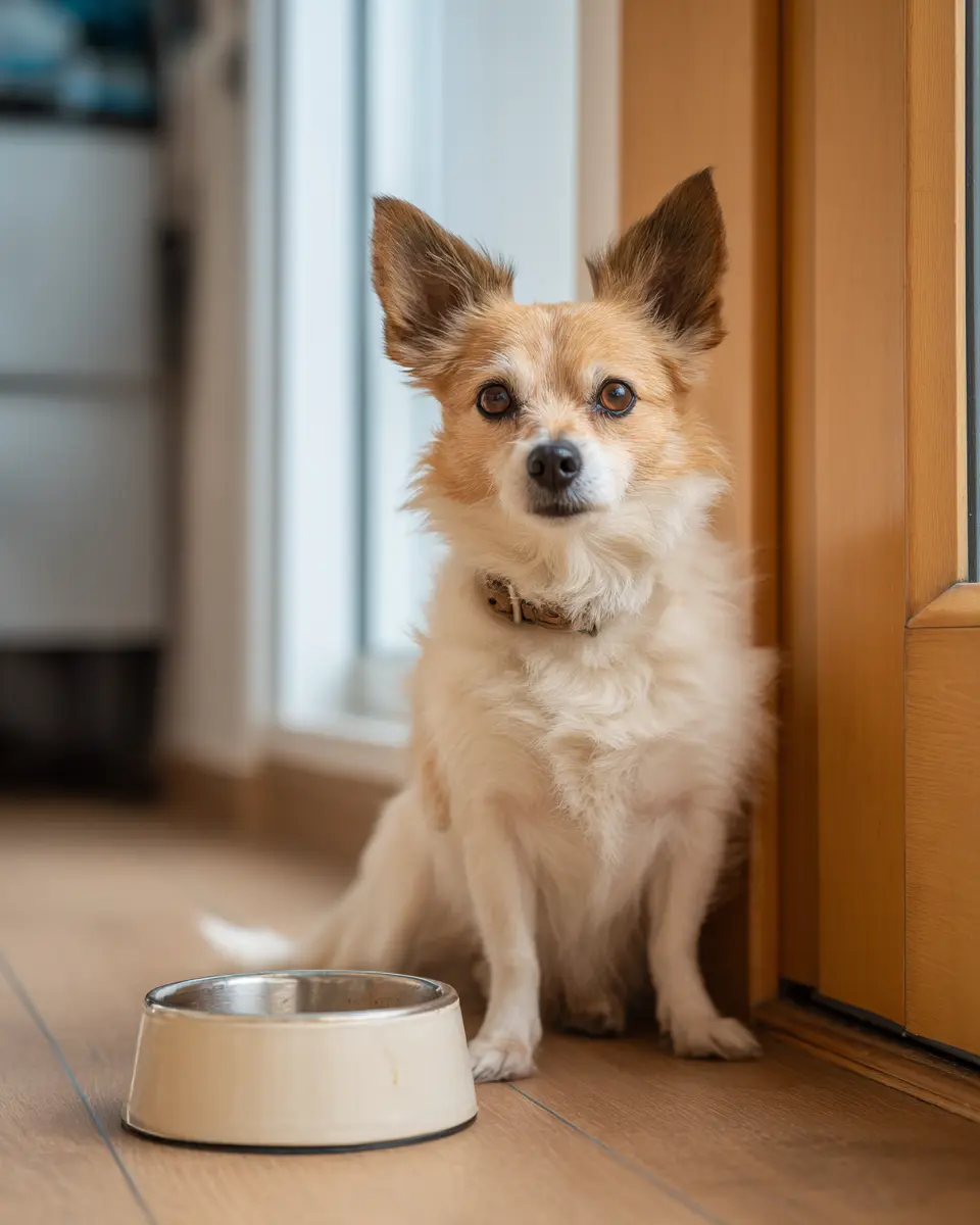 사료가 마음에 들지 않아 고개를 돌리며 식사를 거부하는 반려견의 까다로운 모습
