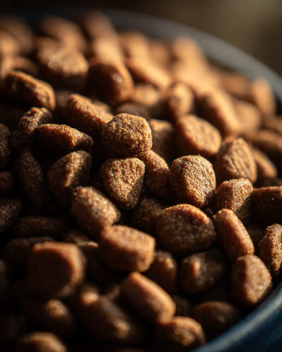 수분이 거의 없고 건조하여 향과 맛이 부족한 일반 건조 사료의 딱딱한 질감을 보여주는 클로즈업