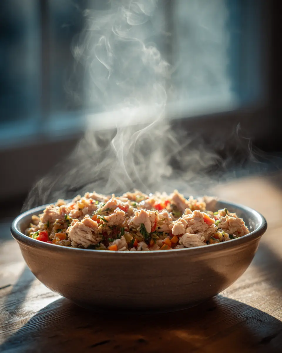 수분이 풍부하고 신선한 재료로 만든 강아지 수제 화식의 자연스럽고 건강한 질감을 보여주는 클로즈업