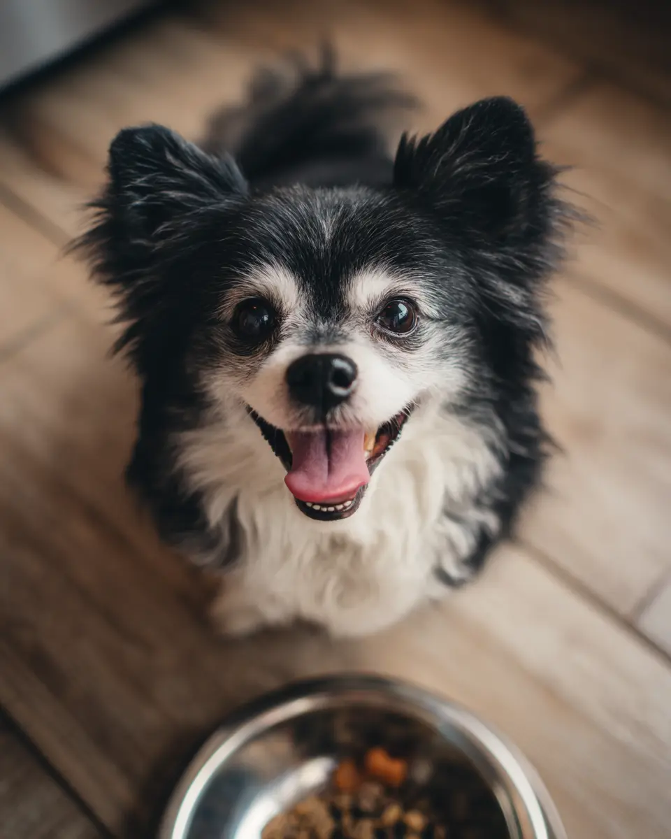 식욕을 회복하고 맛있는 화식을 꼬리를 흔들며 즐겁게 먹는 건강하고 행복한 반려견의 모습