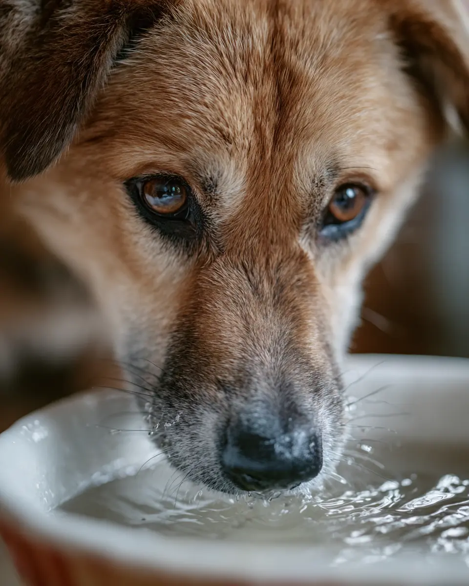 깨끗한 물그릇에서 신선한 물을 마시고 있는 강아지의 클로즈업 사진, 반려견 수분 섭취의 중요성을 보여주는 일상적 순간