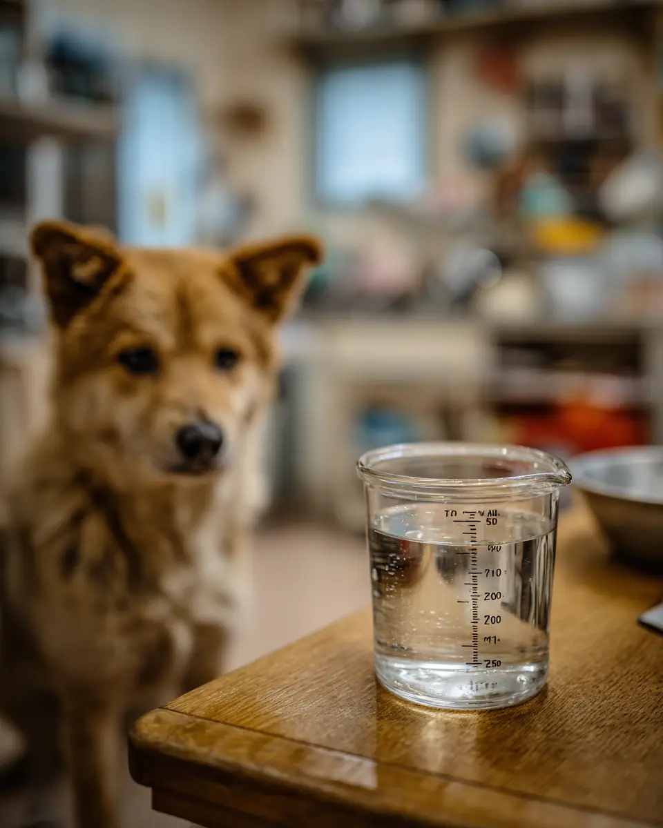 반려견을 위해 계량컵으로 정확한 물의 양을 측정하는 모습, 강아지 적정 음수량 관리를 위한 실용적인 일상 케어 장면