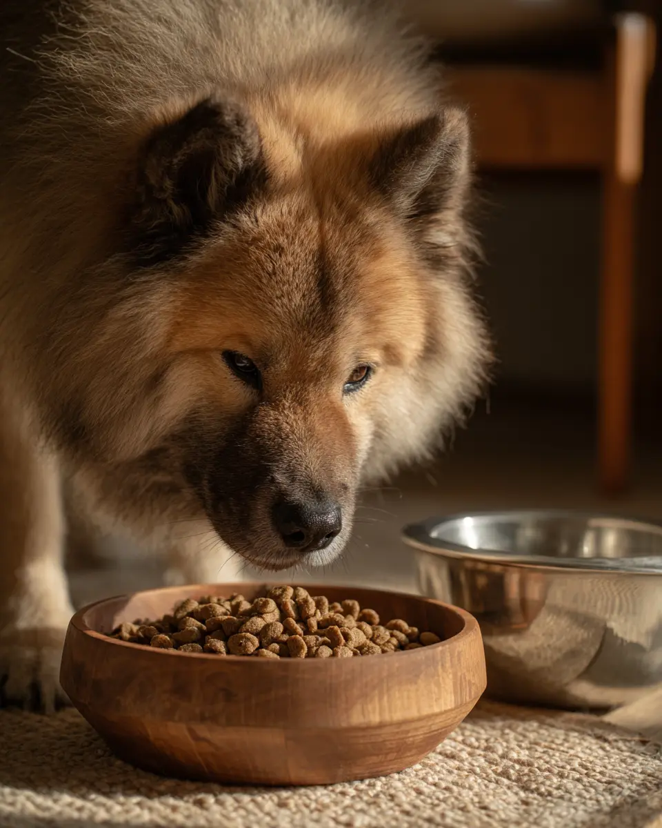 건사료를 먹는 강아지와 옆에 놓인 물그릇의 모습, 사료 종류에 따른 강아지 음수량 차이를 보여주는 일상적 식사 장면