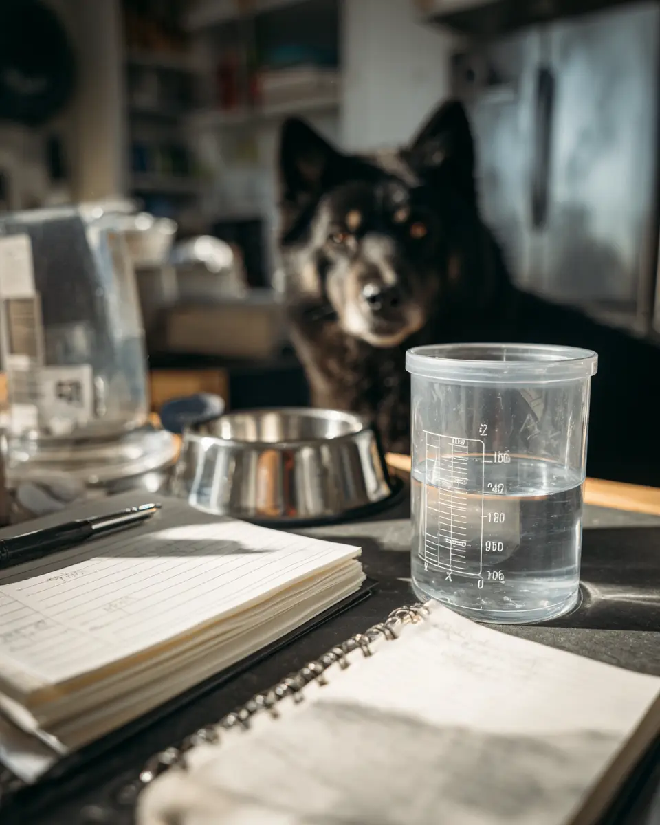계량컵, 물그릇, 기록 노트가 함께 준비된 강아지 음수량 측정 세팅, 체계적인 수분 섭취 모니터링을 위한 완전한 도구 구성