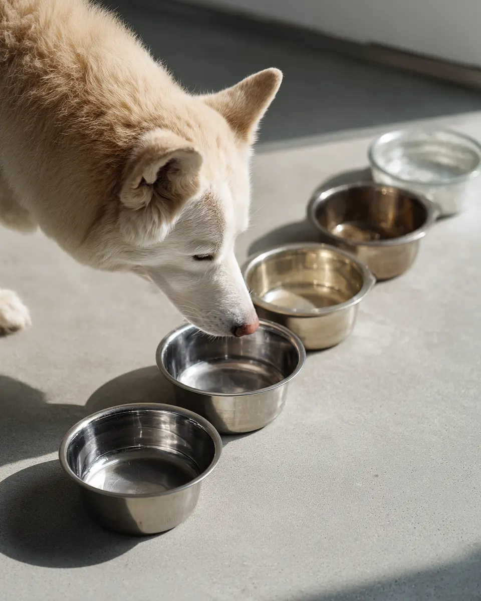스테인리스, 사기, 유리 등 다양한 재질의 물그릇 앞에서 선택하는 강아지, 개체별 선호도에 맞는 물그릇 찾기