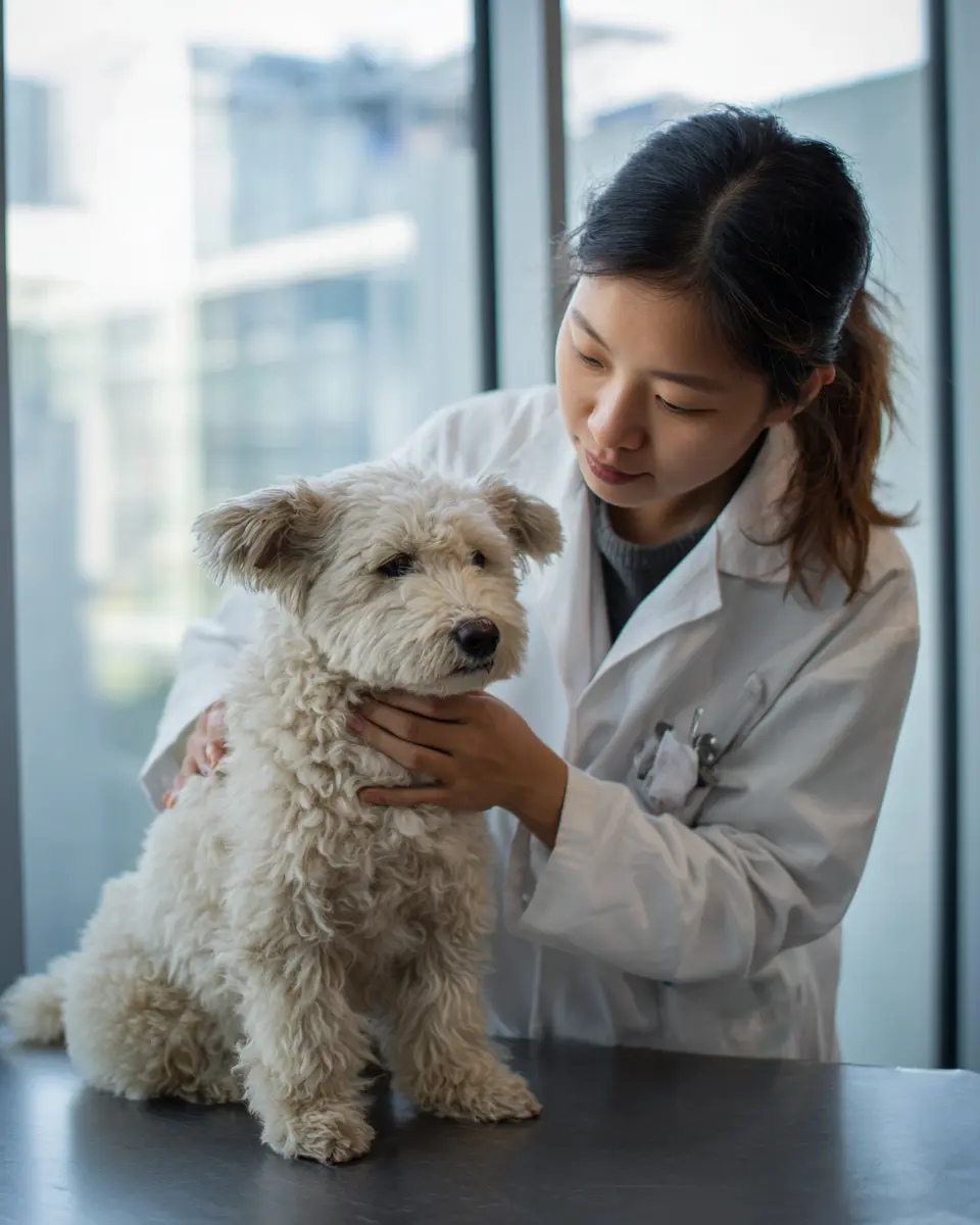 동물병원에서 한국인 수의사가 강아지의 식이 알러지로 인한 피부 증상을 전문적으로 검사하는 진료 장면