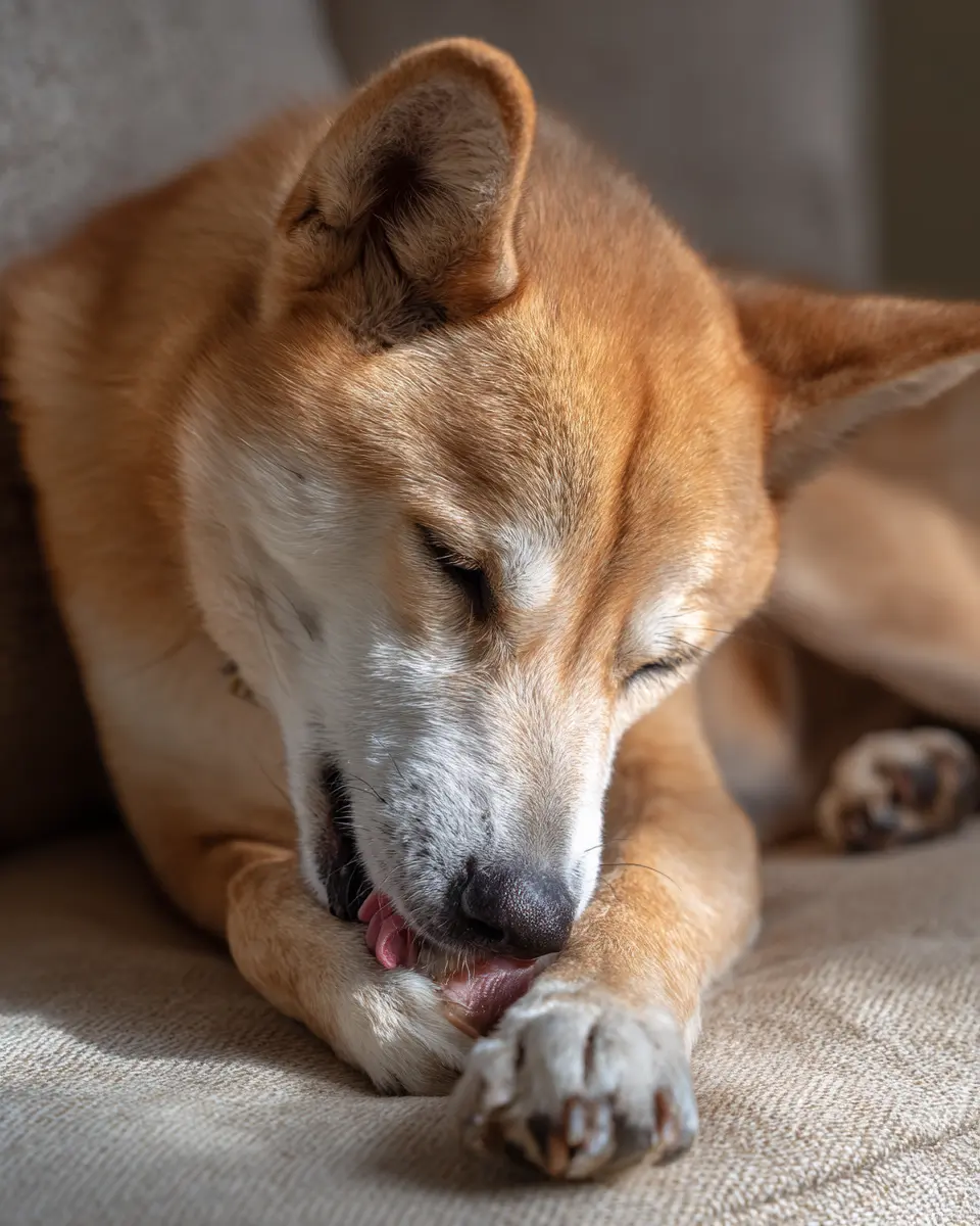 식이 알러지로 인해 발바닥 사이가 가렵고 붉어져 집요하게 발을 핥고 있는 진돗개의 전형적인 알러지 증상
