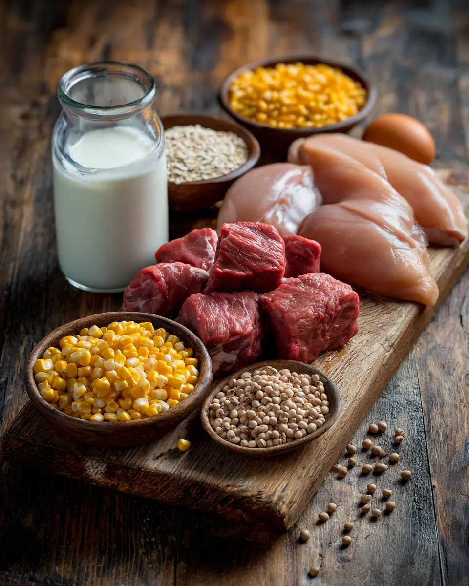 소고기, 닭고기, 양고기, 계란, 유제품, 밀, 콩, 옥수수 등 강아지에게 식이 알러지를 일으키는 가장 흔한 8가지 식품 재료