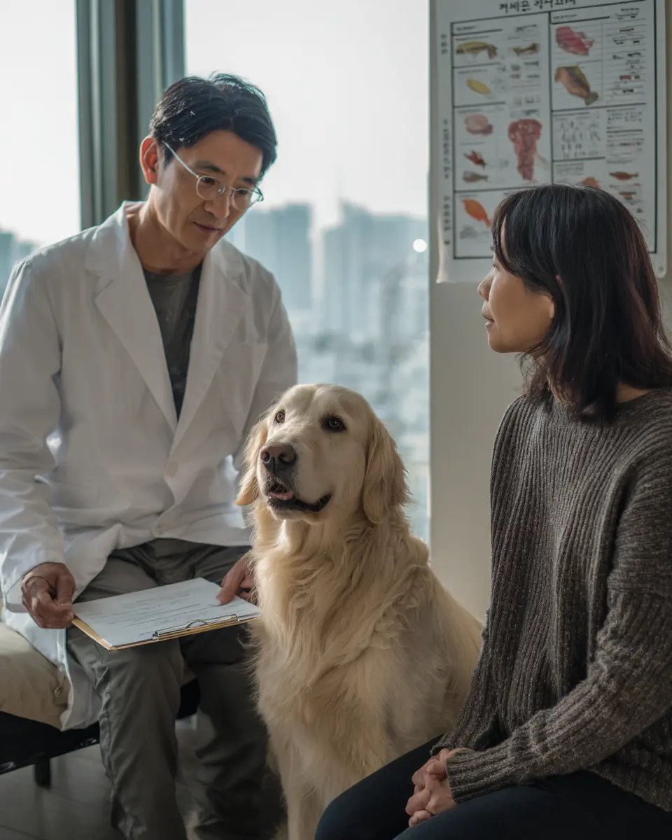 수의사가 반려견 보호자에게 식이 알러지 진단을 위한 식이 제거 시험 방법과 단일 단백질 식단을 자세히 설명하는 전문 상담 장면