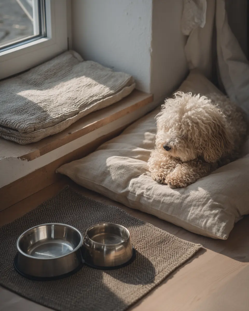 식이 알러지로 예민해진 피부의 2차 세균 감염을 예방하기 위해 청결하게 유지된 반려견의 생활 공간과 위생 관리