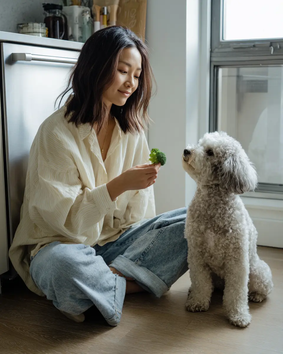 밝은 주방에서 보호자가 강아지에게 신선한 브로콜리를 건강 간식으로 급여하는 따뜻한 일상의 모습
