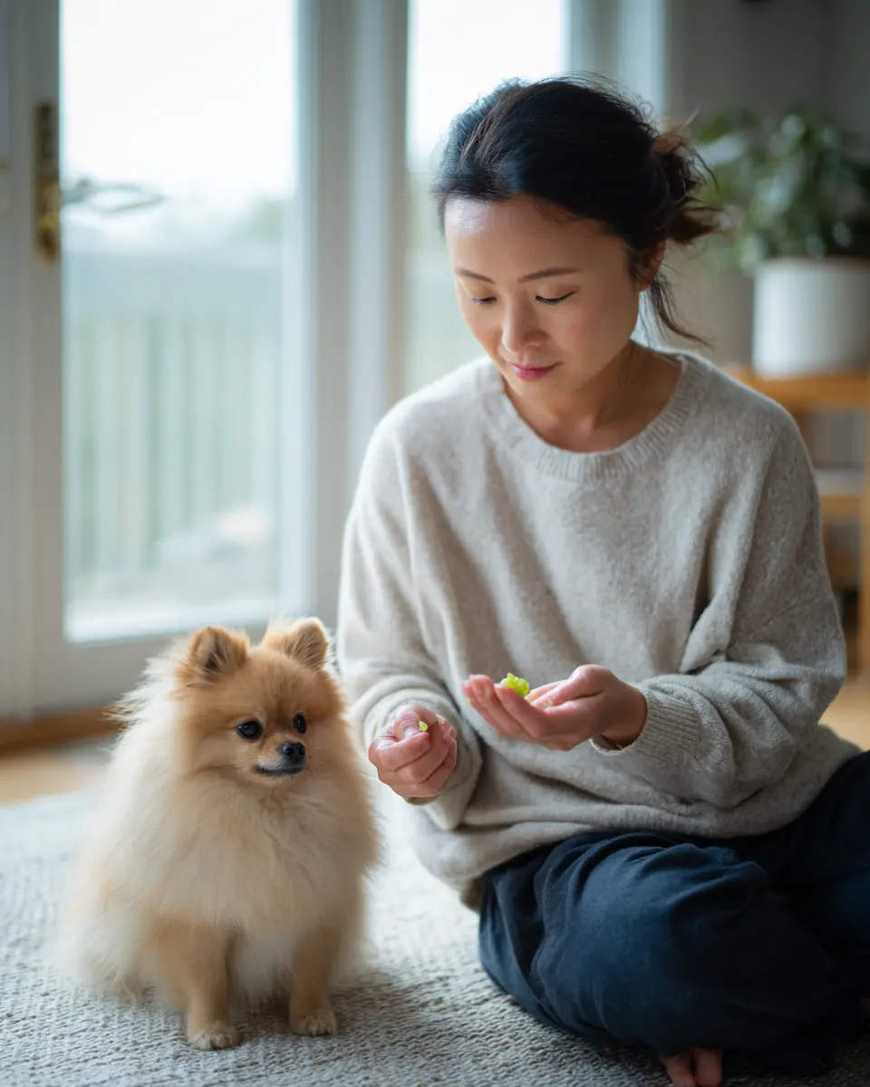 소형견 포메라니안에게 브로콜리를 급여하기 전 적정량을 신중하게 확인하는 보호자의 책임감 있는 모습