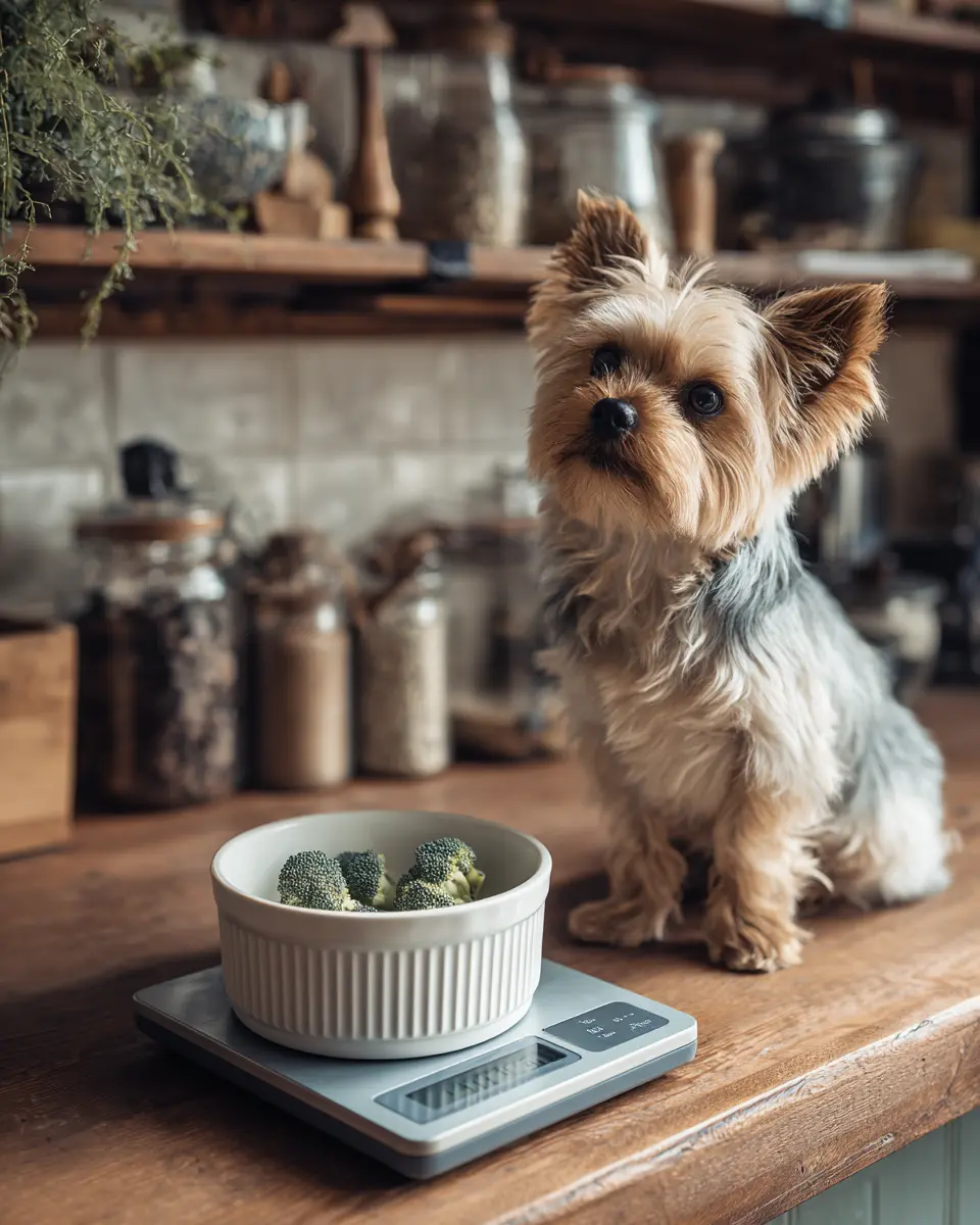 소형견을 위해 저울로 브로콜리 적정량을 정확히 측정하는 안전한 급여 방법을 보여주는 교육적 장면