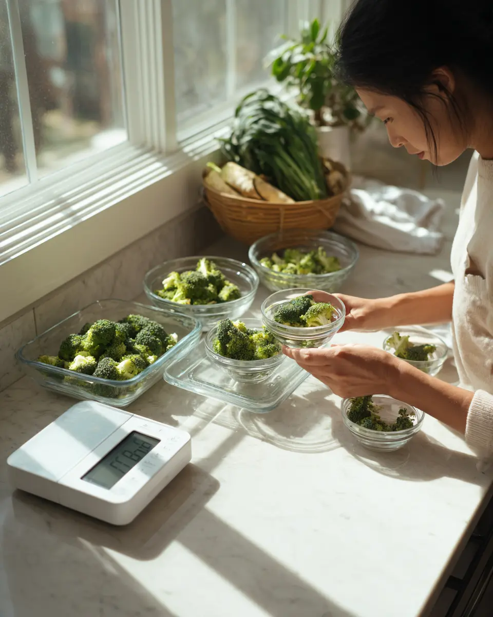 강아지 체중에 따른 적정 브로콜리 급여량을 디지털 저울로 정확히 측정하여 준비하는 체계적인 급여 가이드