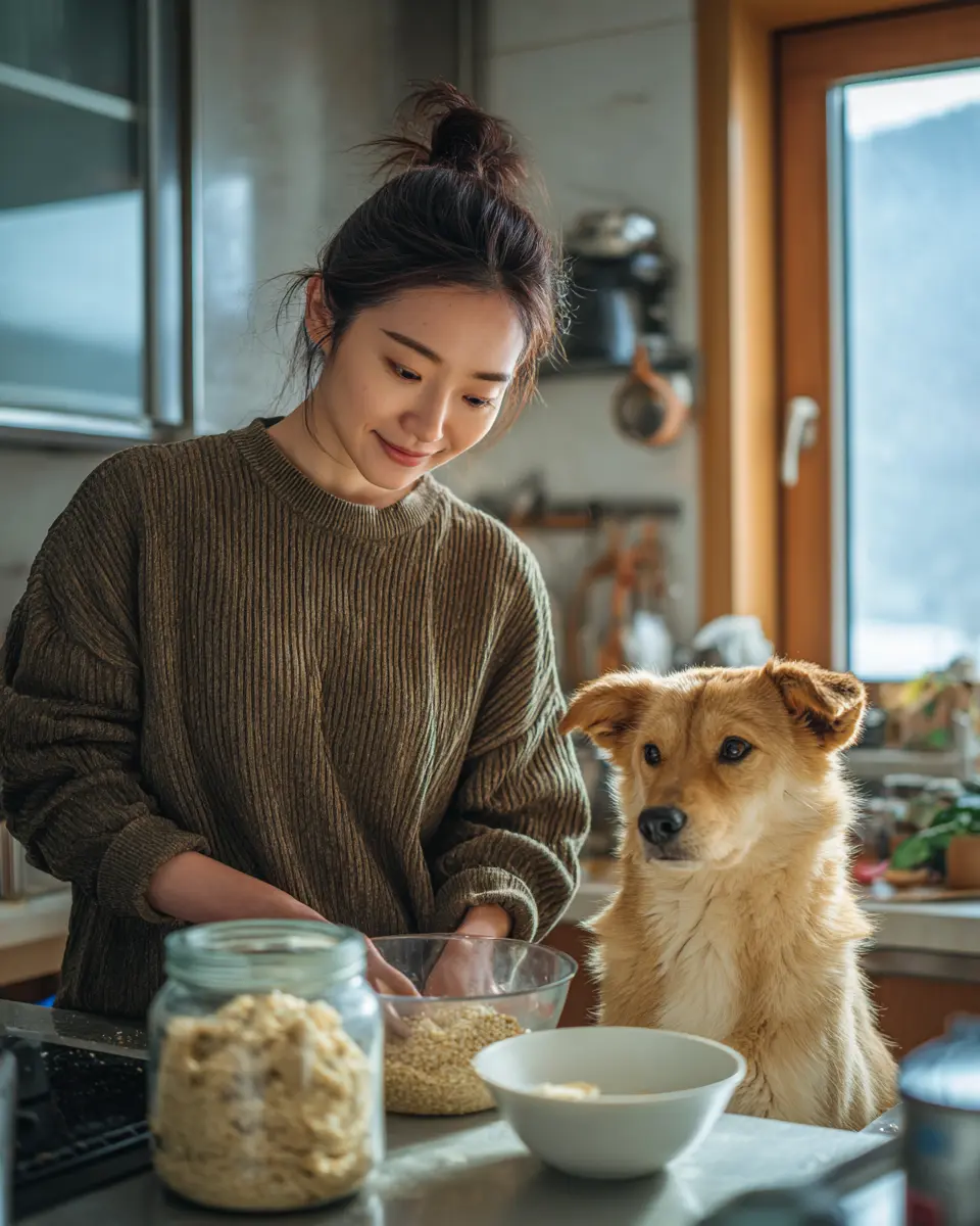 현대 주방에서 반려견을 위해 곡물이 포함된 식사를 준비하는 보호자와 기다리는 강아지의 따뜻한 일상 장면