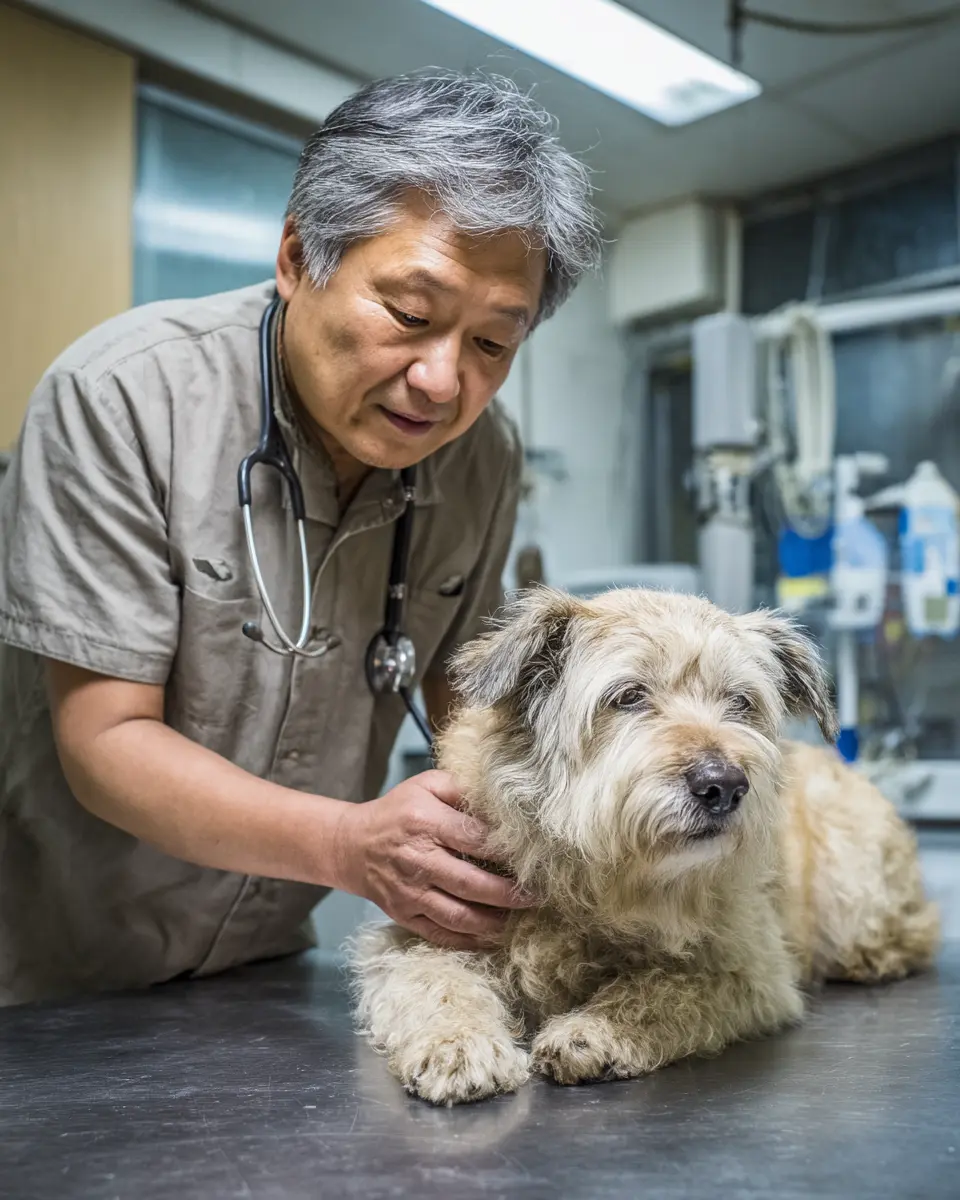 동물병원에서 수의사가 강아지의 건강 상태를 꼼꼼하게 검진하며 질환 여부를 확인하는 전문적인 진료 장면
